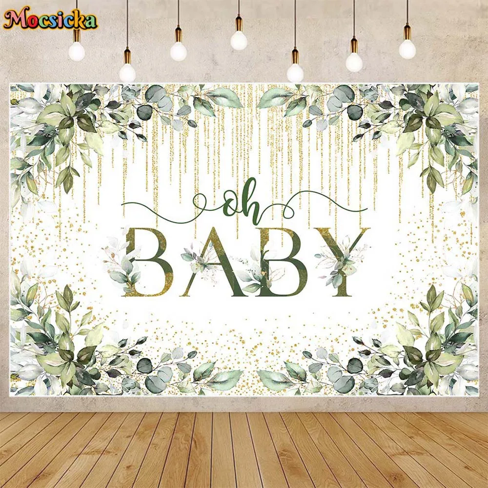 

Mocsicka Oh Baby Shower Backdrops for Photography Green Leaves Golden Tassel Newborn Welcome Party Decor Background Photo Studio