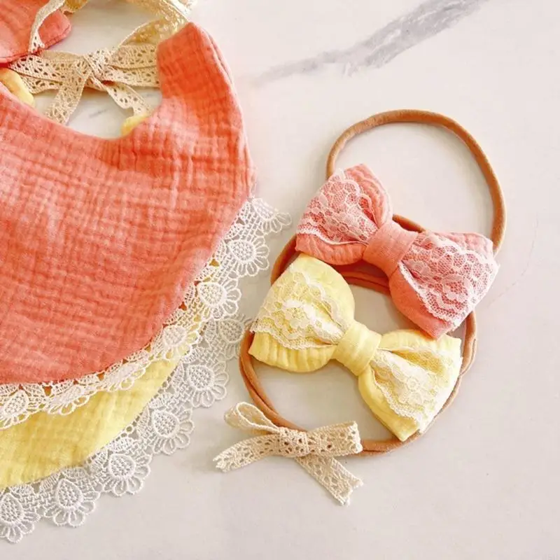 

95AE Baby Burp Cloth Bandana Towel Set Double Sided Printing Infant Girls Headwear Fashion Drool Bib with Lace Detailing
