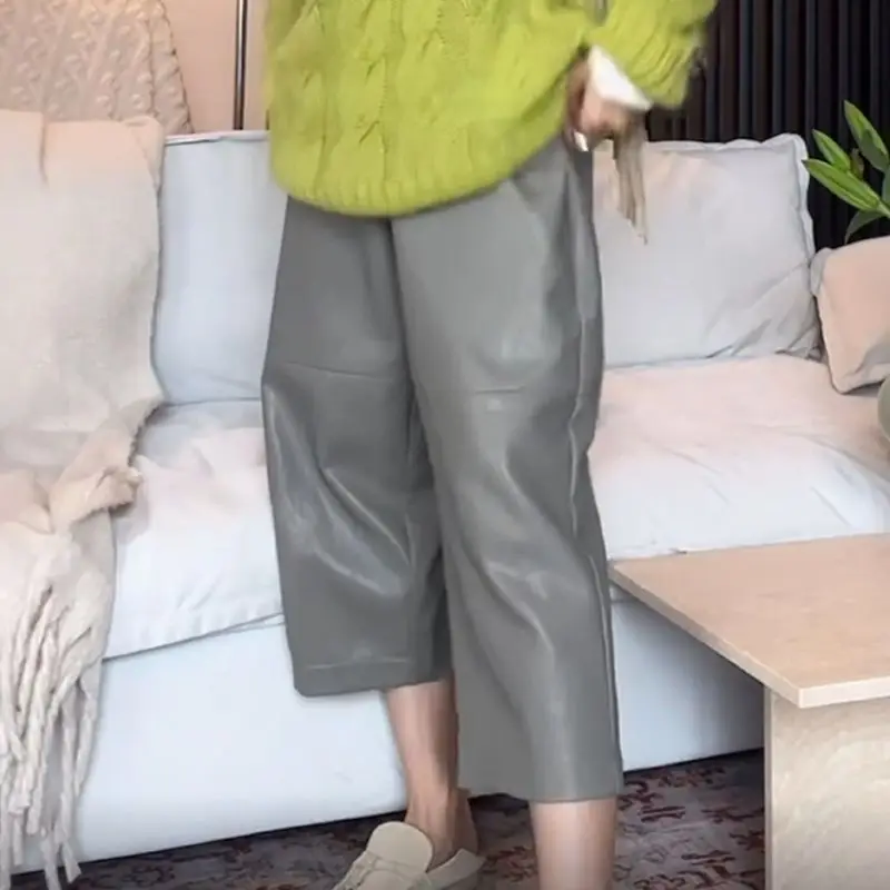 elastic waist wide-leg casual pants women's 2025 autumn new simple commuting versatile fashion nine-point leather pants