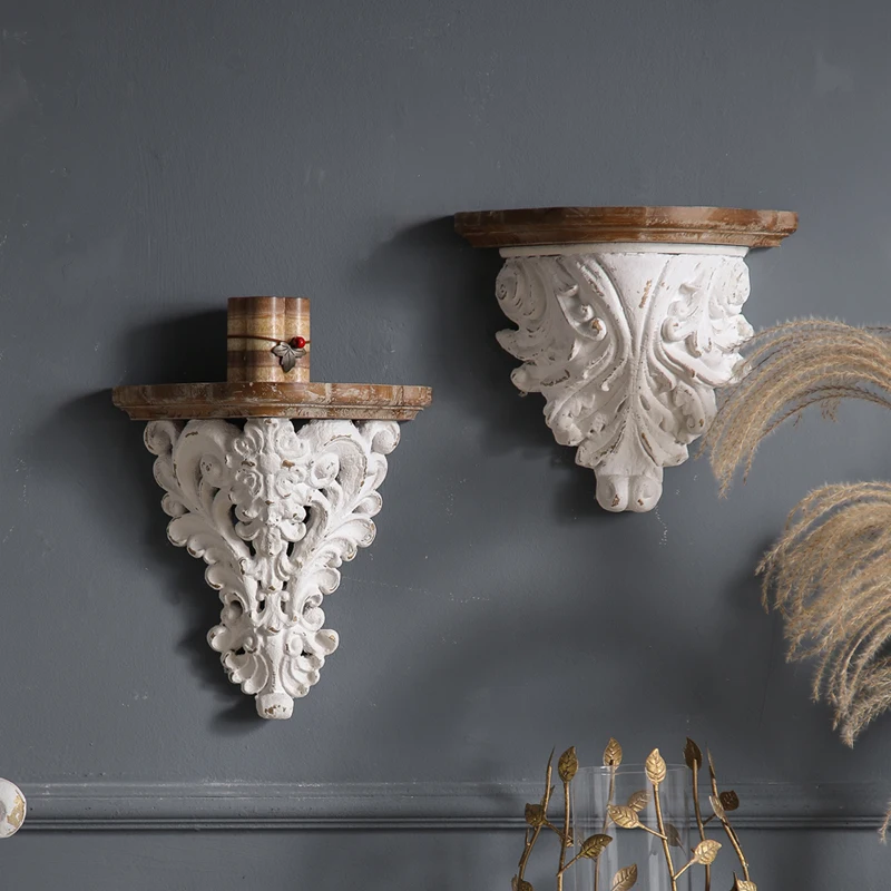 European-style vintage carved resin and wooden rustic decorative wall shelf suitable for living room, study, entryway, and bedroom decoration