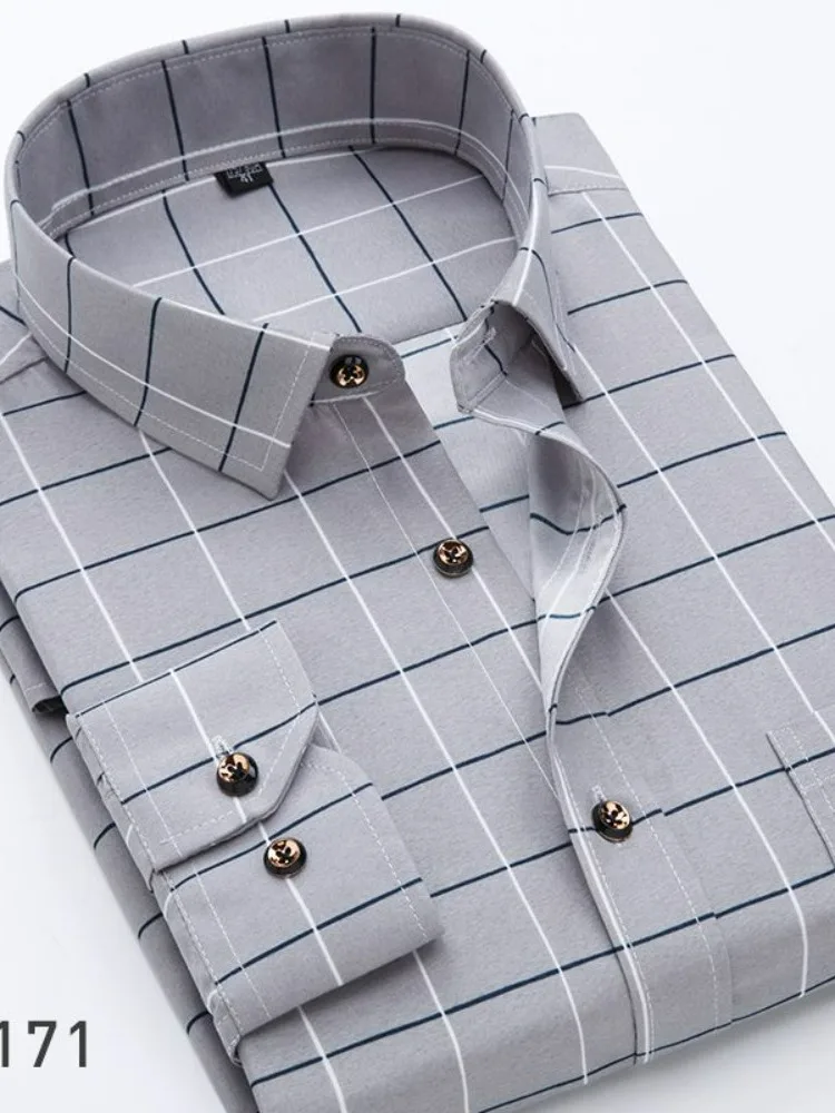 

Мужская рубашка Slim Fit с длинным рукавом, повседневная, тонкая, весенне-летняя, в клетку, модная, в корейском стиле, для отдыха, для мужчин среднего возраста.