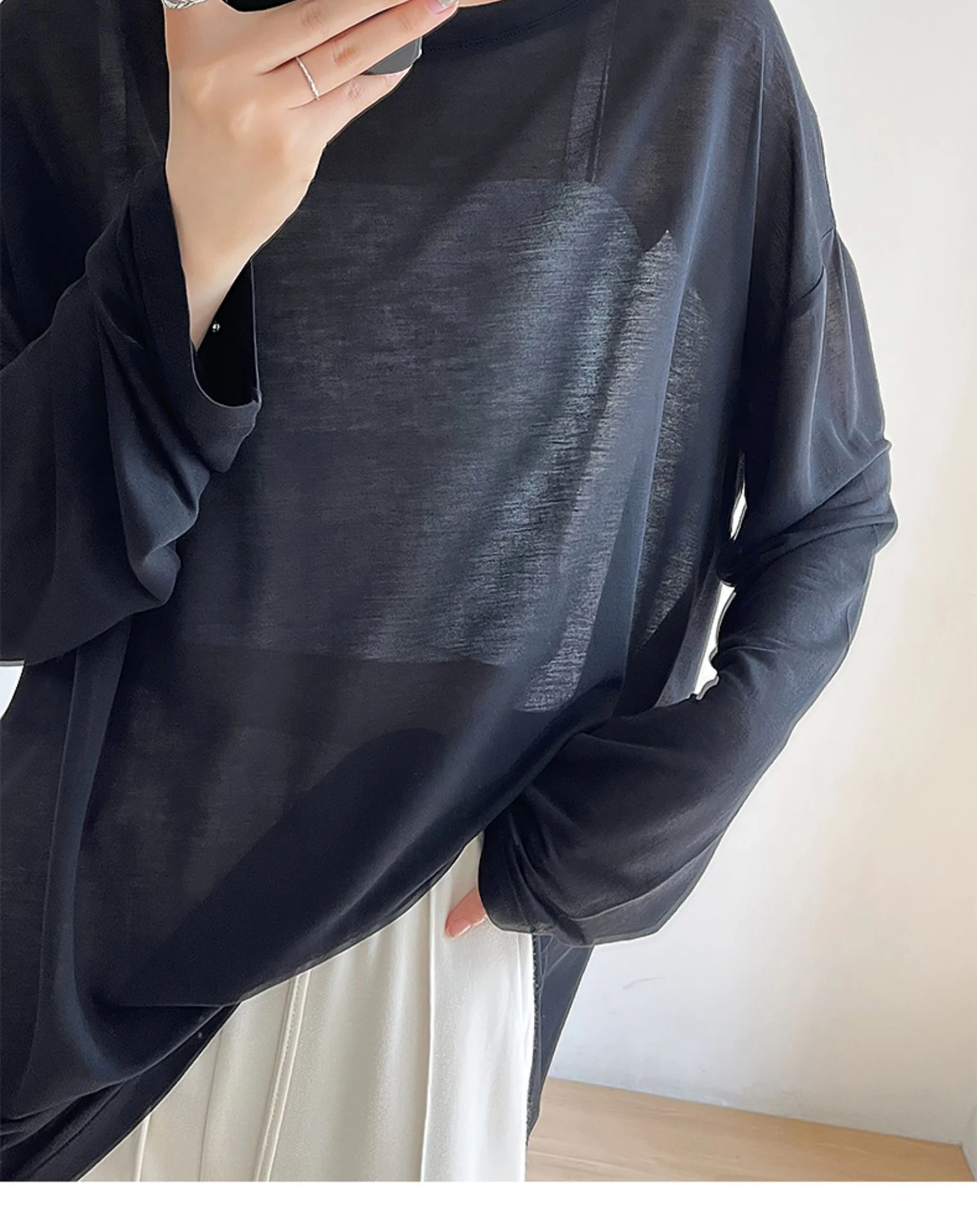 Cross-Front Knit Pullover Top Women Summer Long Sleeve Thin Cover Up Korean Style Casual Loose Black White Top