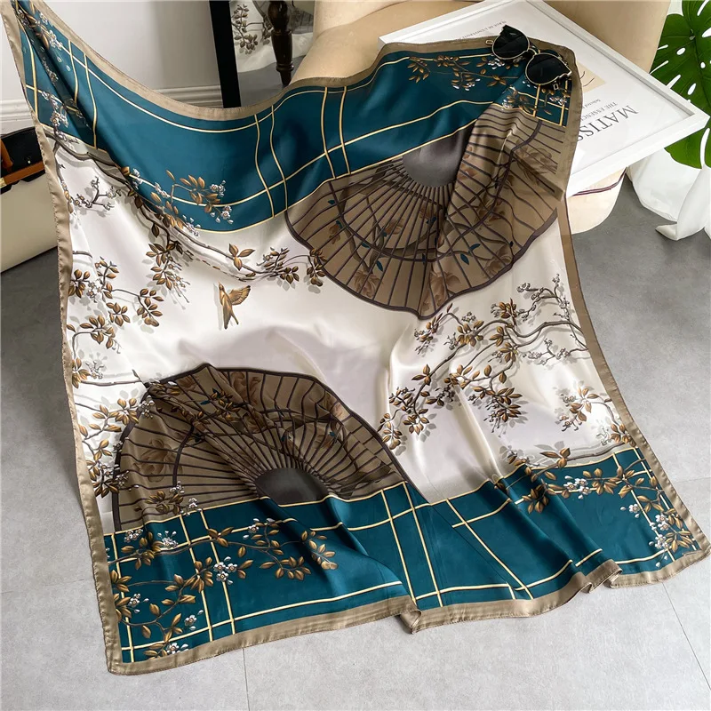 

90*90cm Silk Square Scarf Women Printed Satin Neckerchief Vintage Retro Hair Bandana Female Head Scarves Shawls Foulard 2024