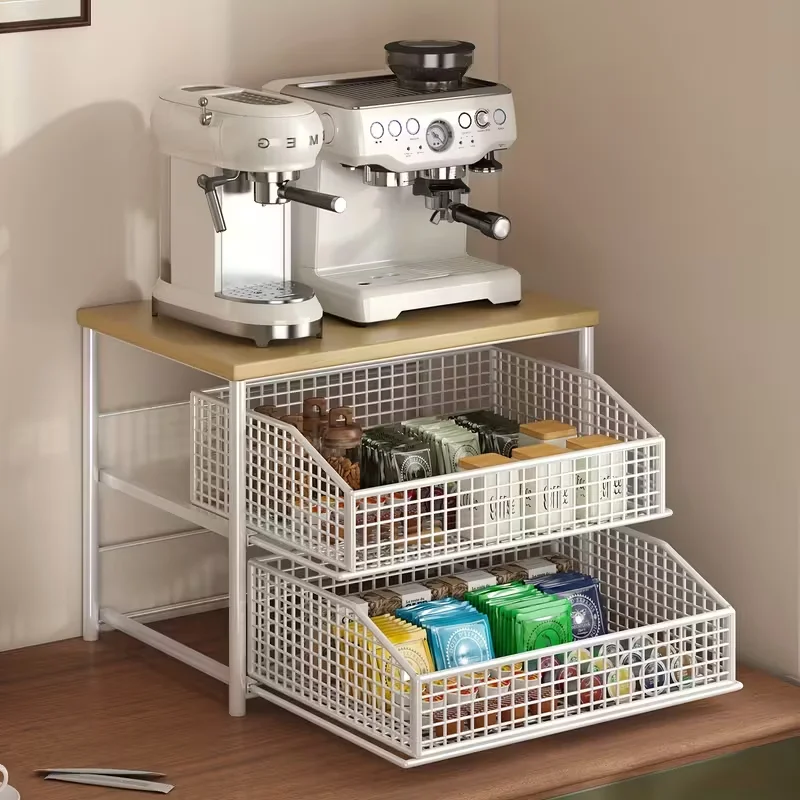 1pc Space-Saving Kitchen Countertop Organizer with Drawer and Metal Basket - Sturdy Solid Wood and Metal Multi-Layer Storage