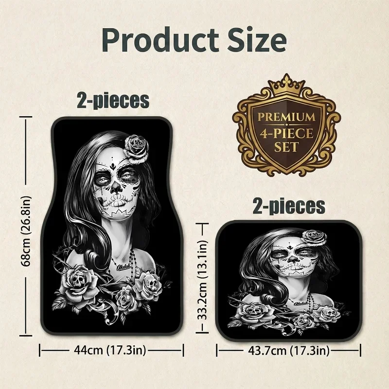 Collection Of 4 Easy Maintenance Car Floor Mats Featuring A Skull And Rose Design, Perfect For Everyday Use, Universally Compati