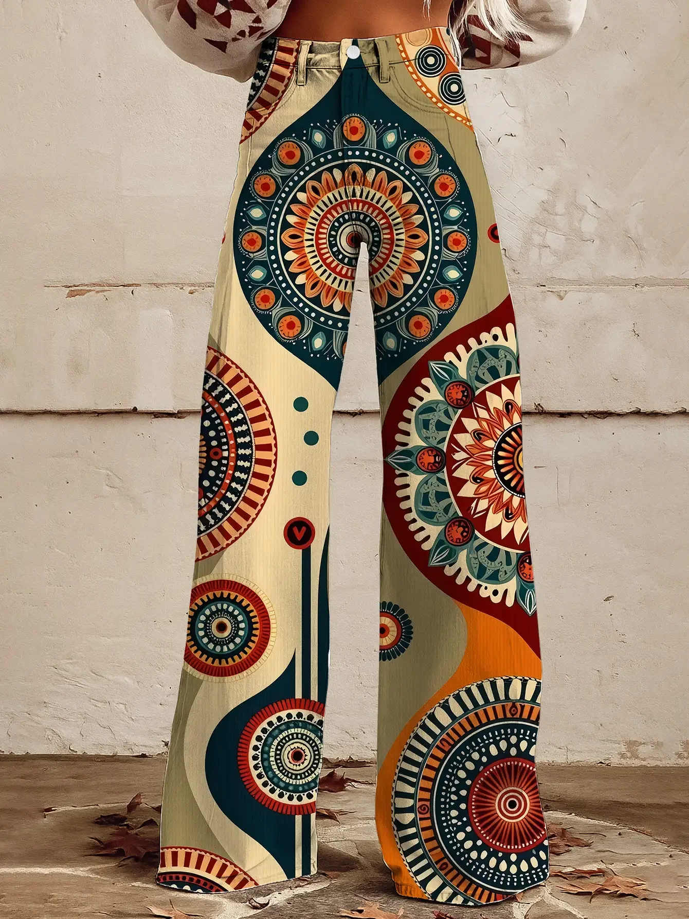 

2026 Casual jeans with colorful western prints, loose wide leg design, and national style