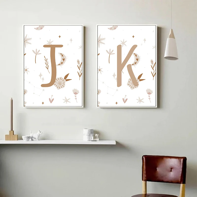 Letter A To Z Set for Kids Name Posters Boho HD Print Letter Wall Art Pictures Canvas Painting for Nursery Kids Room Home Decor