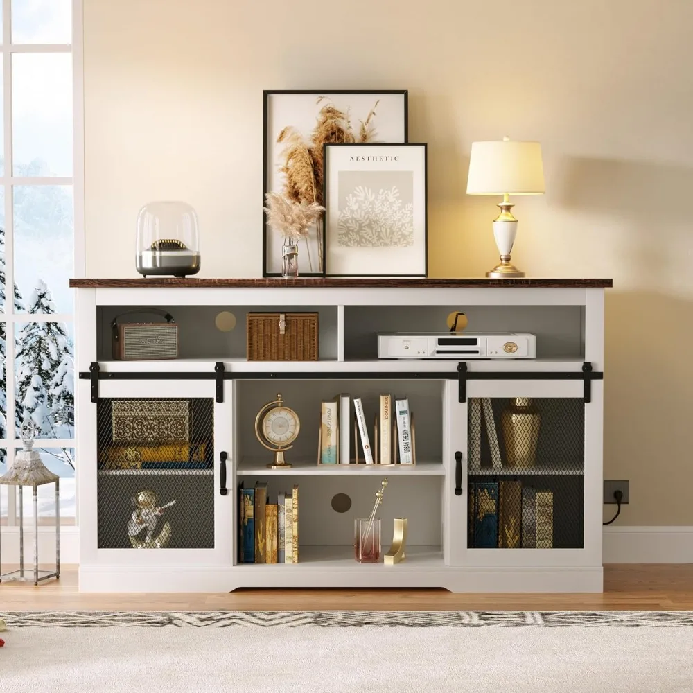 슬라이딩 헛간 문이 있는 65인치 이상 높이의 TV 스탠드, 엔터테인먼트 센터, 전원 콘센트 포함