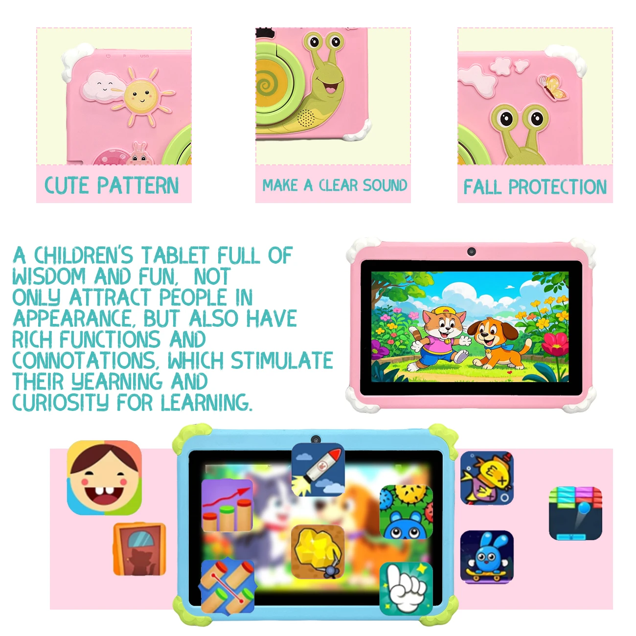 Deeply Loved by Children 7inch Tablets, the Latest Best-Selling Models, Android Systems, Supports Wifi and Dual Camera Functions, Parents to Control Establish Safety Internet Environments, Choose Two Colors, Beloved Gifts for Children, Not Configurated Plugs