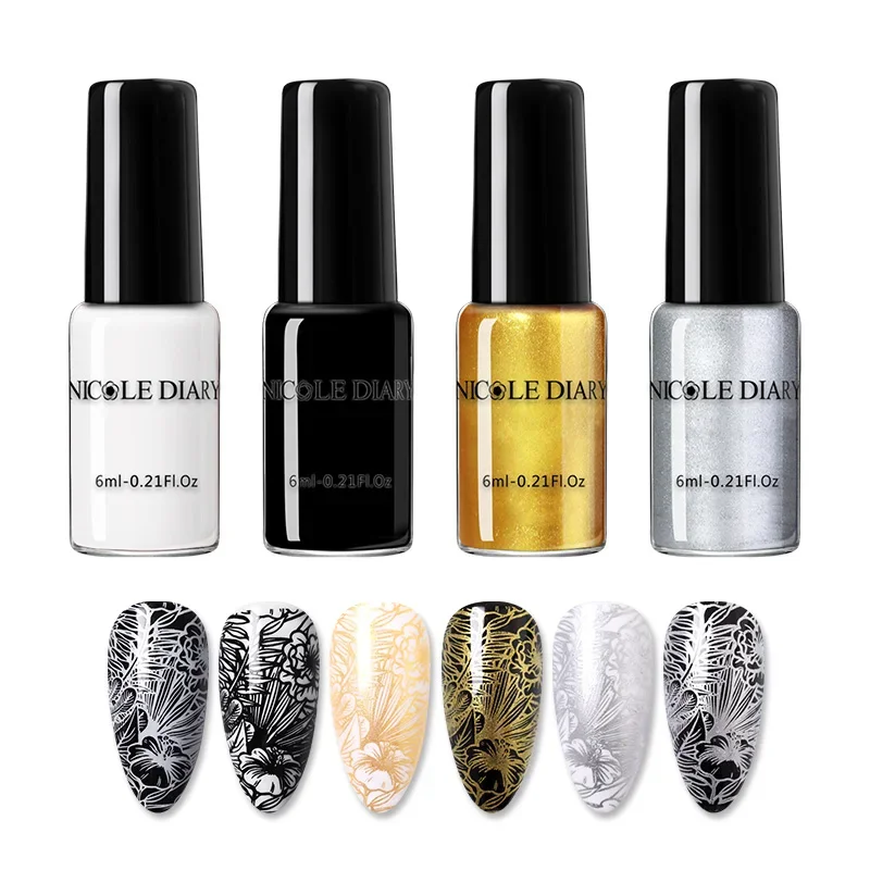 NICOLE DIARY Nail Art Stamping Polish Set - Gold Silver Black White, Plate Printing Varnish for Decoration