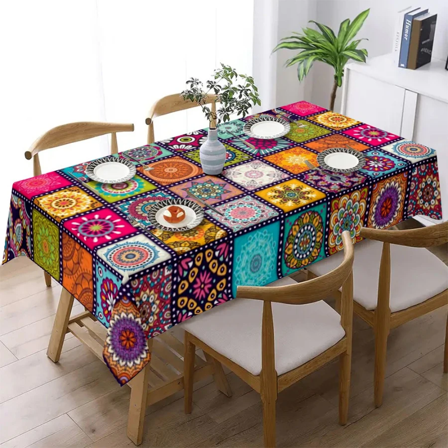 

Bohemian Style Square Tablecloth - Polyester Ethnic Print for Retro Home Decor & Outdoor Picnic Parties, Durable Fabric