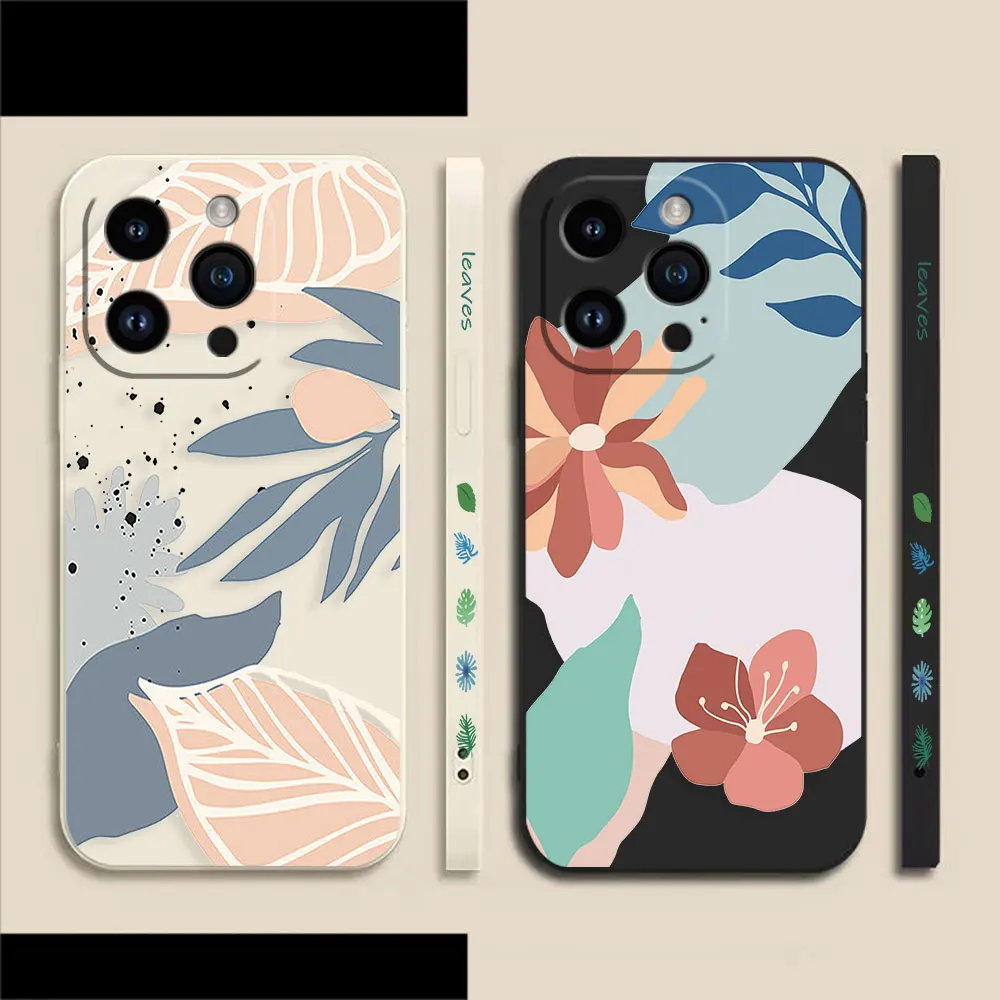 Art Painting Of Flowers Leaves Case For Apple iPhone 14 13 12 11 Pro XS Max Mini X XR SE 7 8 6 15 Plus Colour Liquid Case Funda