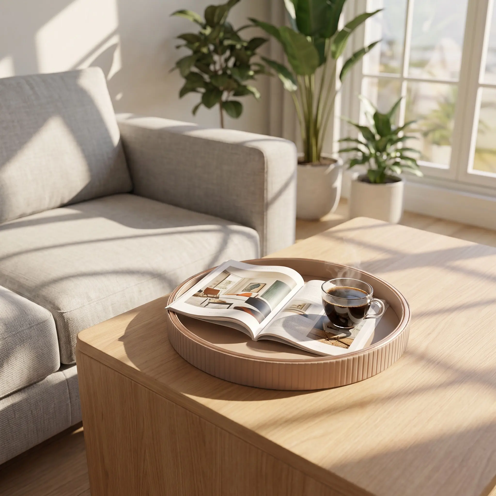 1Piece Beige Faux Round Decorative Tray Compact Coffee Table Tray for Everyday Perfume Jewelry Nightstand Decor