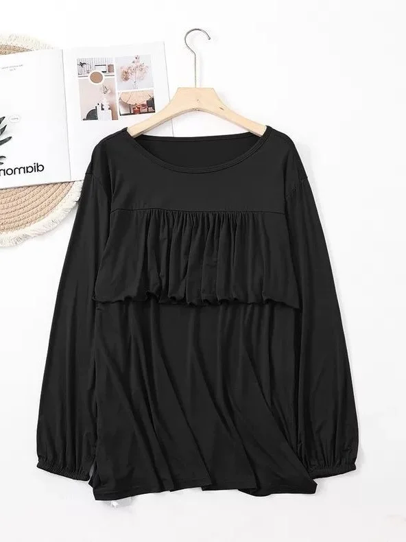 

plus Size 300 Pounds Autumn Winter Plump MM Lace Trim Splice round Neck Home Slimming Long Sleeve T-Shirt Sleepwear