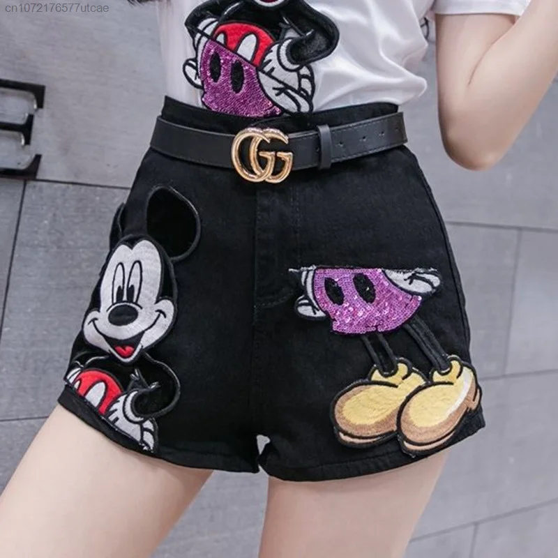 Disney Mickey Embroid Sequins 2 Piece Denim Shorts Sets For Women Y2k Tops New Summer Denim Shorts Oversize Slim Zipper Pants