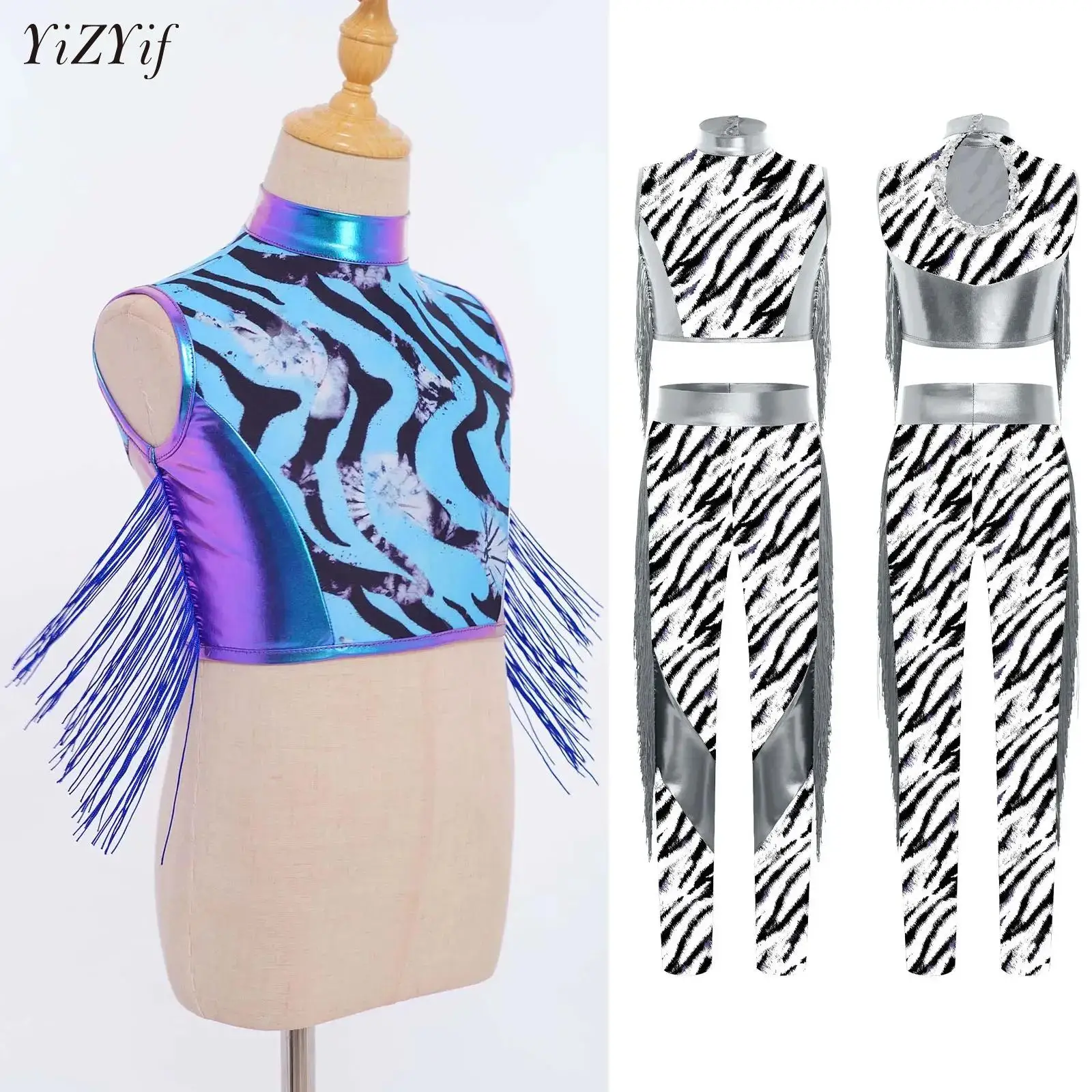 Kids Girls Shiny Metallic Jazz Hip Hop Dance Costume Tassel Outfit Sleeveless Crop Top with Pants for Performance Sports Yoga