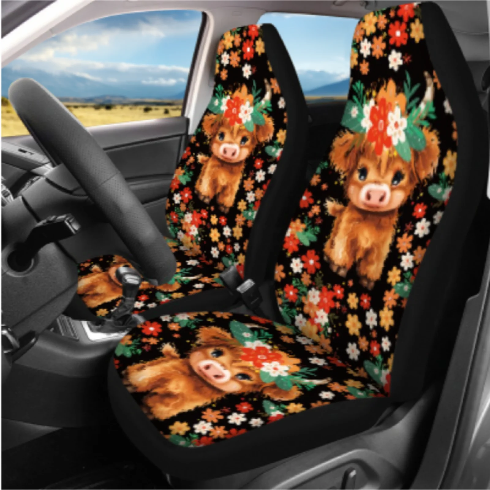 Coloranimal Cow Red Floral 14 Pcs Auto Seat Covers Set with Breathable Car Safety Strap Cover and Key Pendant for Auto Interior