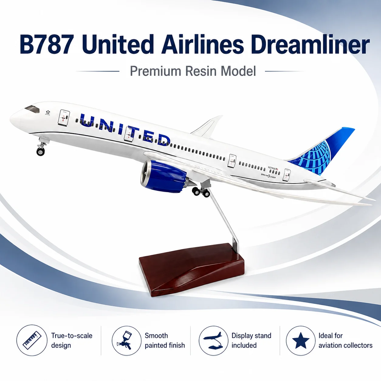 1:130 Scale Jet Aircraft Model B787 New United Airlines Jet 47cm Die-Cast Resin Model with Base and Landing Gear for Collecting