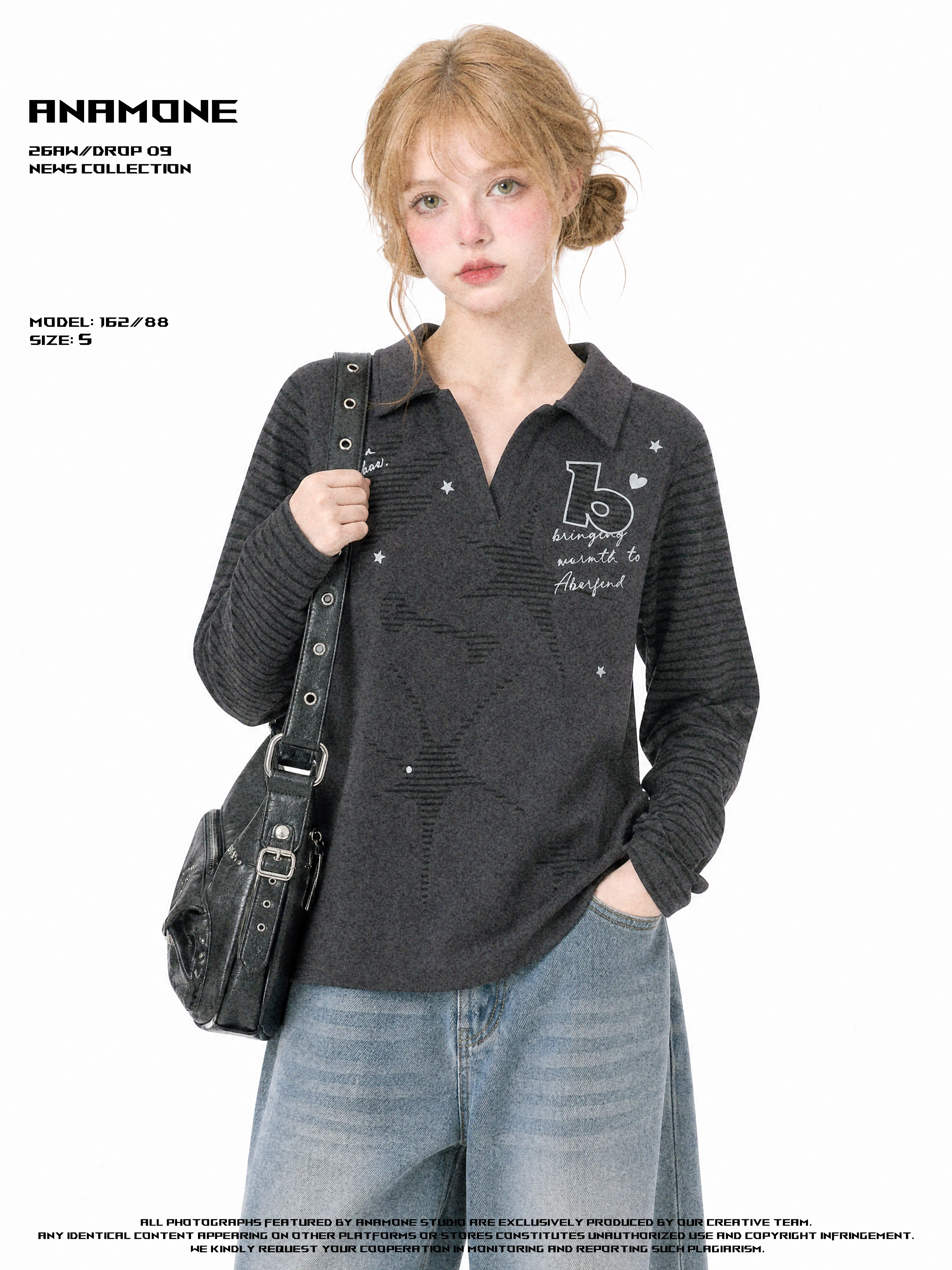 ANAMONE Vintage Silver Heat Transfer Print Striped Patchwork  Collar Long Sleeve Women's T-Shirt Slimming Top Shoulder