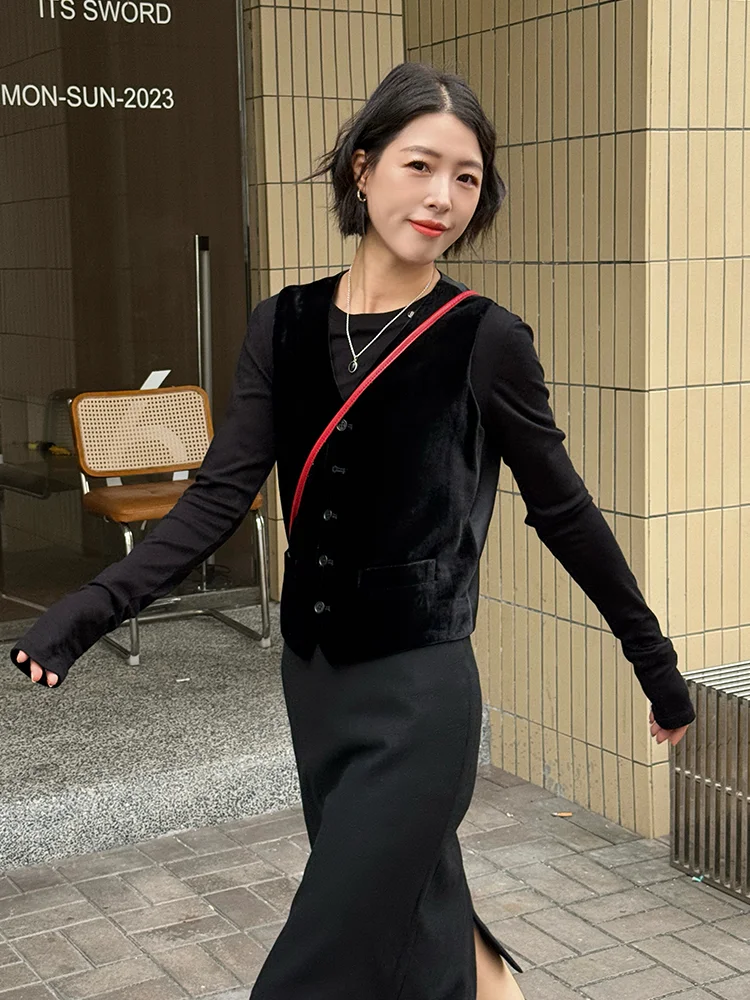 

Bla Silk Svel Vest Women's Faion Spring Autumn High-End V-Ne Layering Top Commute Sle ort Length