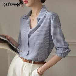 Estilo coreano escritório senhora azul listrado 2022 primavera verão moda all-match blusa manga longa turndown colarinho solto camisa casual