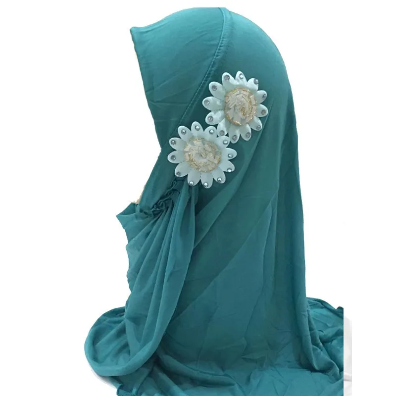 Muslim Hijab Floral Lace Head Scarf Islamic Arab Scarf Shawls Head Wrap with Flowers Rhinestones for Girls