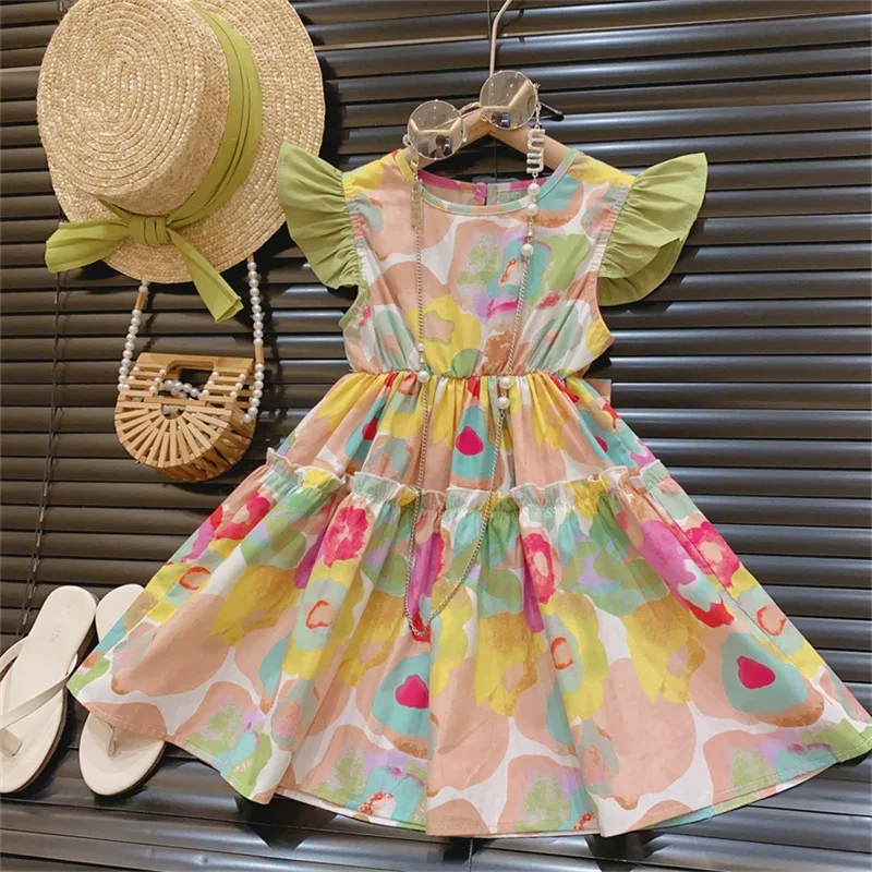 

ZLYM-Western Style Summer New Girl Backless Floral Bow Dress Girl Flying Sleeve Princess Dress