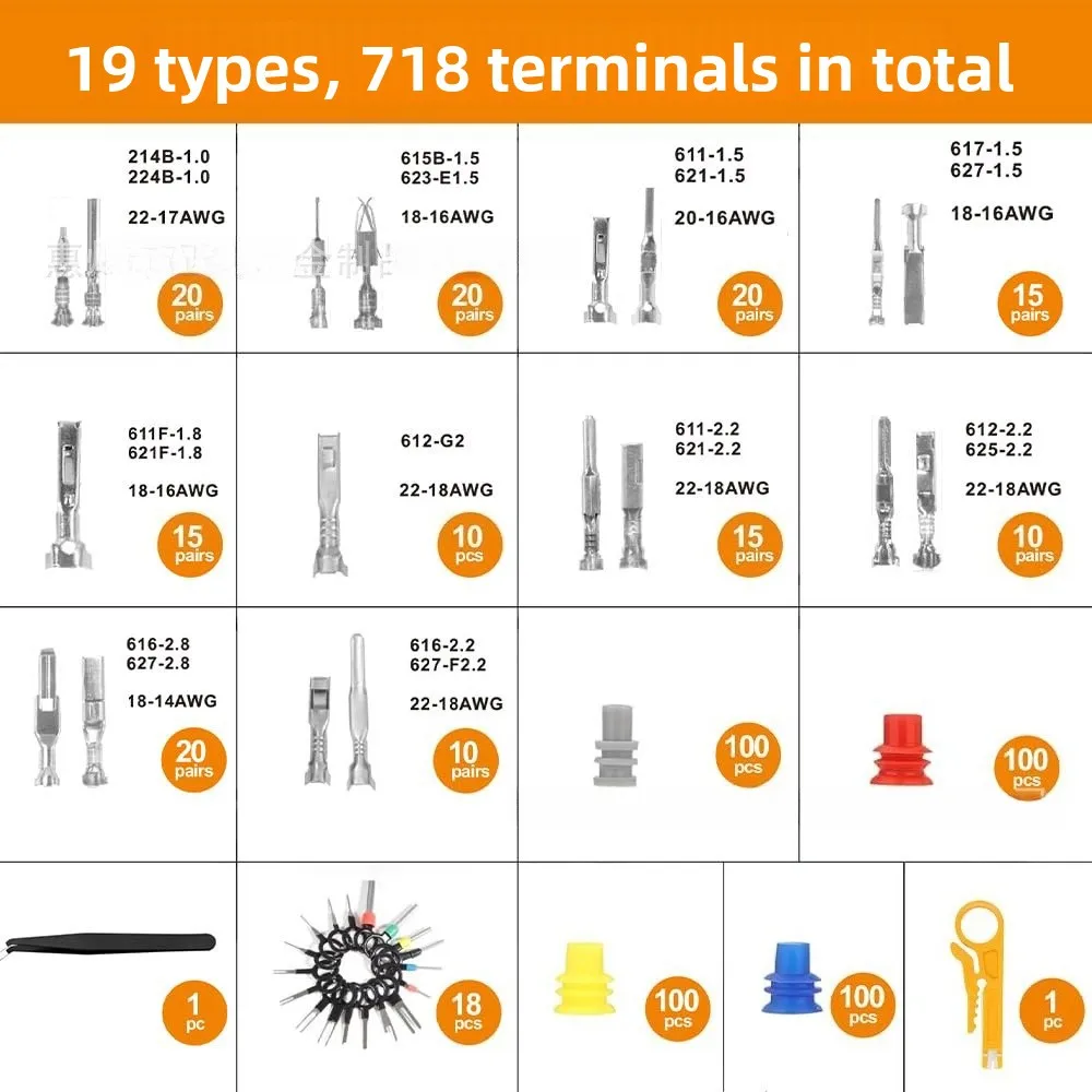 718PCS 1-3.5mm Car Connector Pins Kit, Male Female Plugs Crimp Wiring Terminals, Automotive Electrical Connector Accessories