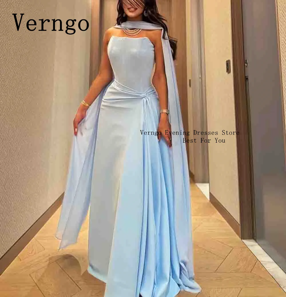 Verngo Blue Crepe Prom Gowns Women Simple Strapless A Line Formal Evening Dress 2024 Maxi Elegant Arabic Prom Party Dress