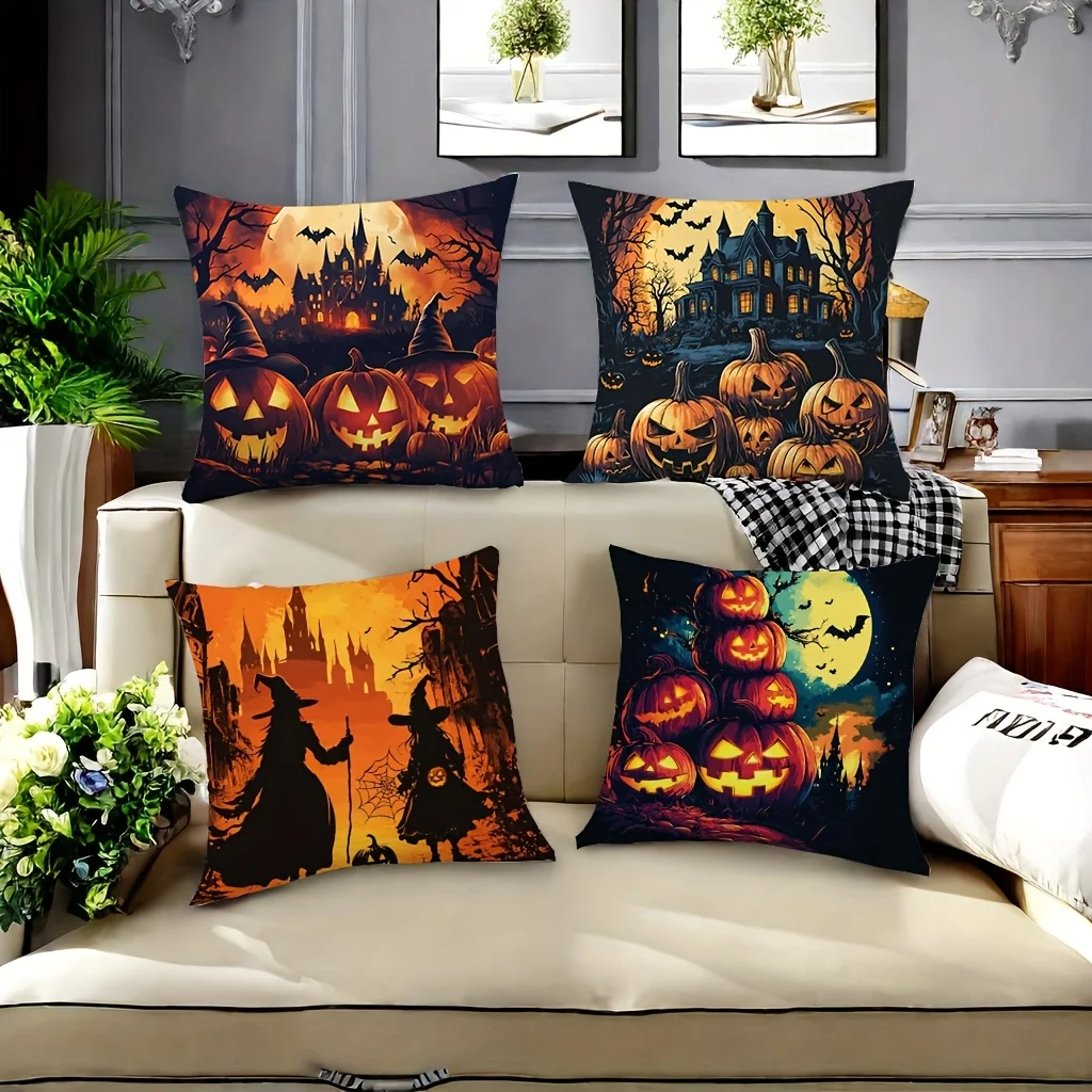 4 Piece Halloween Printed Pillow Cover Set Spooky Gothic Witch Pumpkin Haunted House Seasonal Print Home Decor Throw Cushion