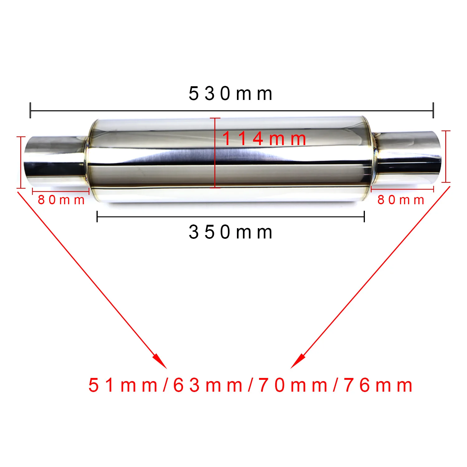 Stainless Steel Universal Exhaust Center Muffler Straight Through Resonator 51 63 70 76mm Inlet Noise Reduction 53cm Long