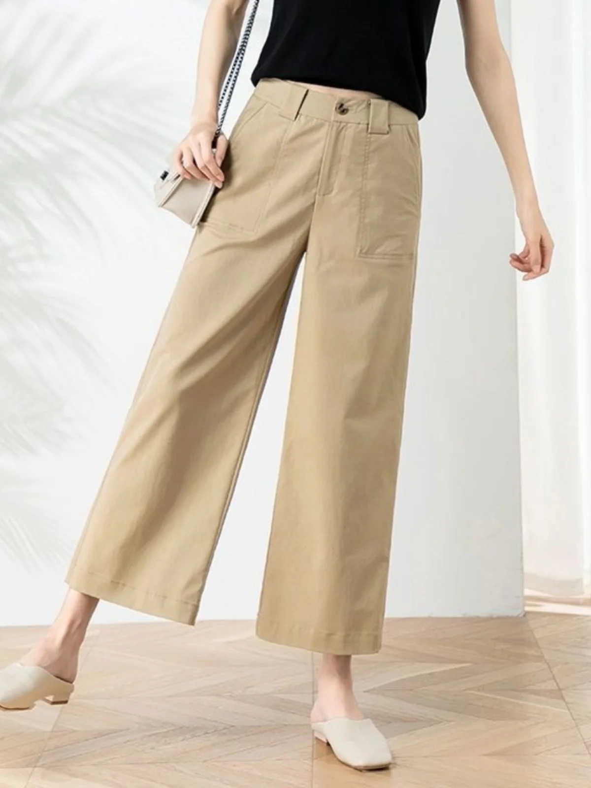 슬리밍 하이 웨이스트 와이드 레그 팬츠 9점 캐주얼 루즈 여성 여름 얇은 코튼 블렌드 스트레이트 컷 바지