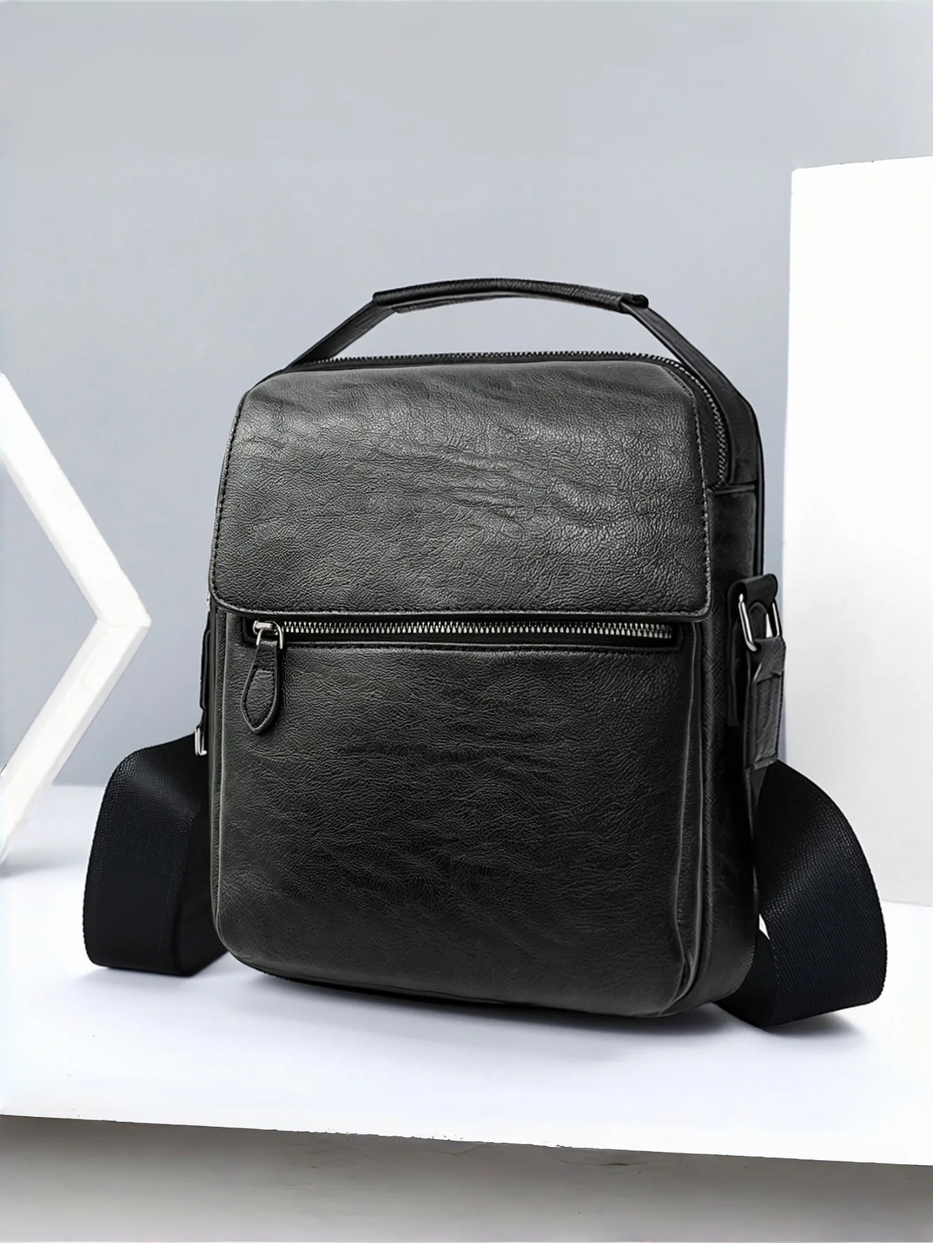 Men Vintage PU Leather Crossbody Bag with Top Handle, Multi Zipper Pockets Shoulder Purse, Messenger Bag Fits 11-inch Tablet
