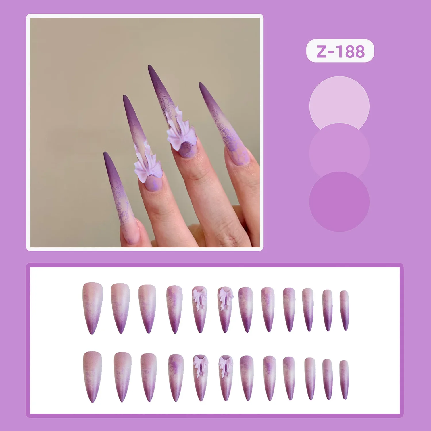 24개 위스테리아 리본 프레스온 네일 그라데이션 퍼플 우아한 롱 포인티드 인조 손톱 젠틀 발레 착용 가능한 가짜 손톱 팁