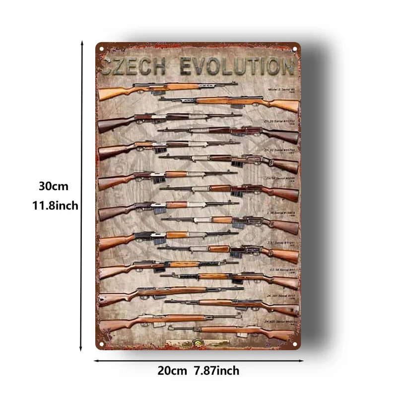 Vintage Tin Sign of Czech Rifle Evolution, 1Pc Metal Wall Art, Rustic Home Decor for Living Room, Game Room and Children's Room