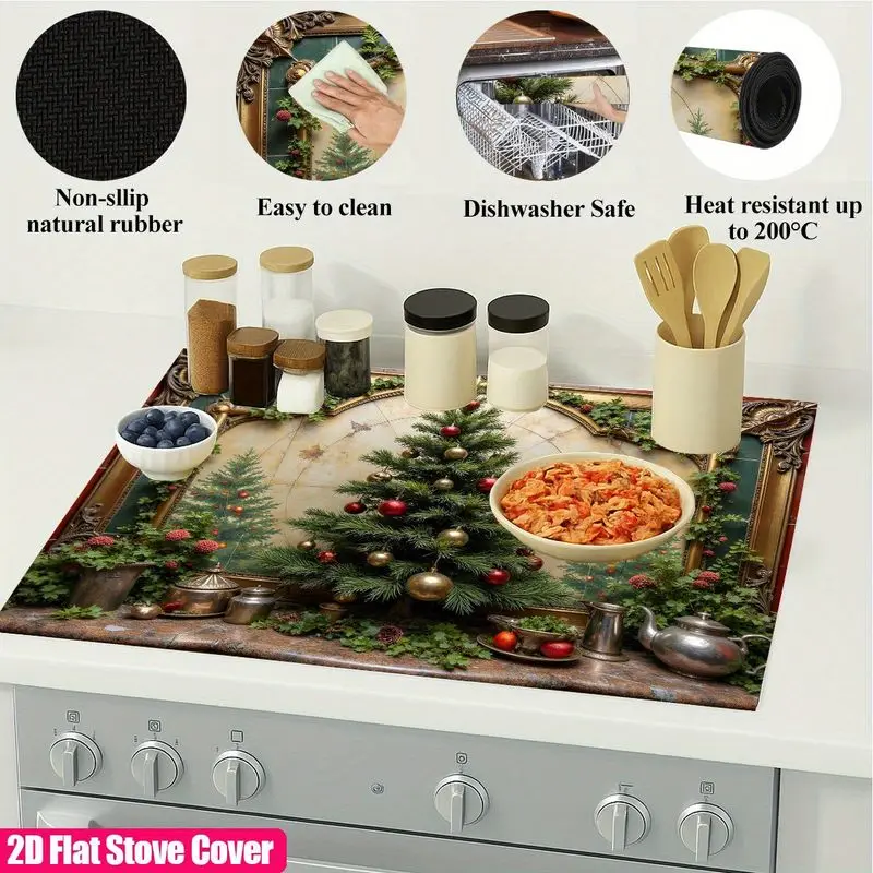 VIKAMA Vintage Christmas Tree Stove Cover Mat Frame Print Heat Resistant Cooktop Cover For Kitchen Dining Room Festive Decor