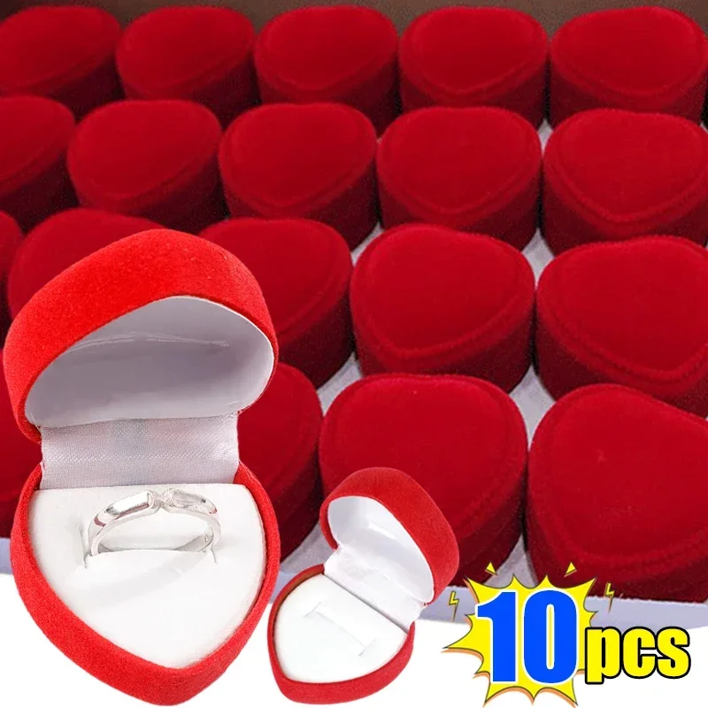 Red Flocking Heart Shape Wedding Ring Velvet Storage Boxes Jewelry Earrings Display Cases Holder Gift Box Counter Packaging