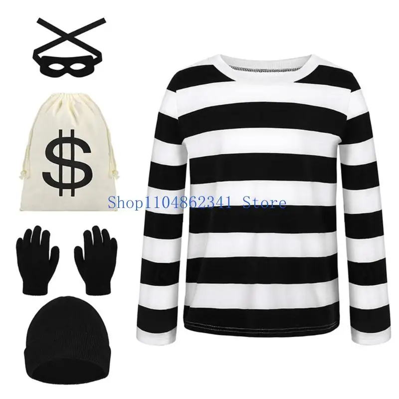 Robber Costume Set Cosplay Thief Accessories T Shirt Caps Gloves Eye Masks Money Bags for Halloween Theme Party