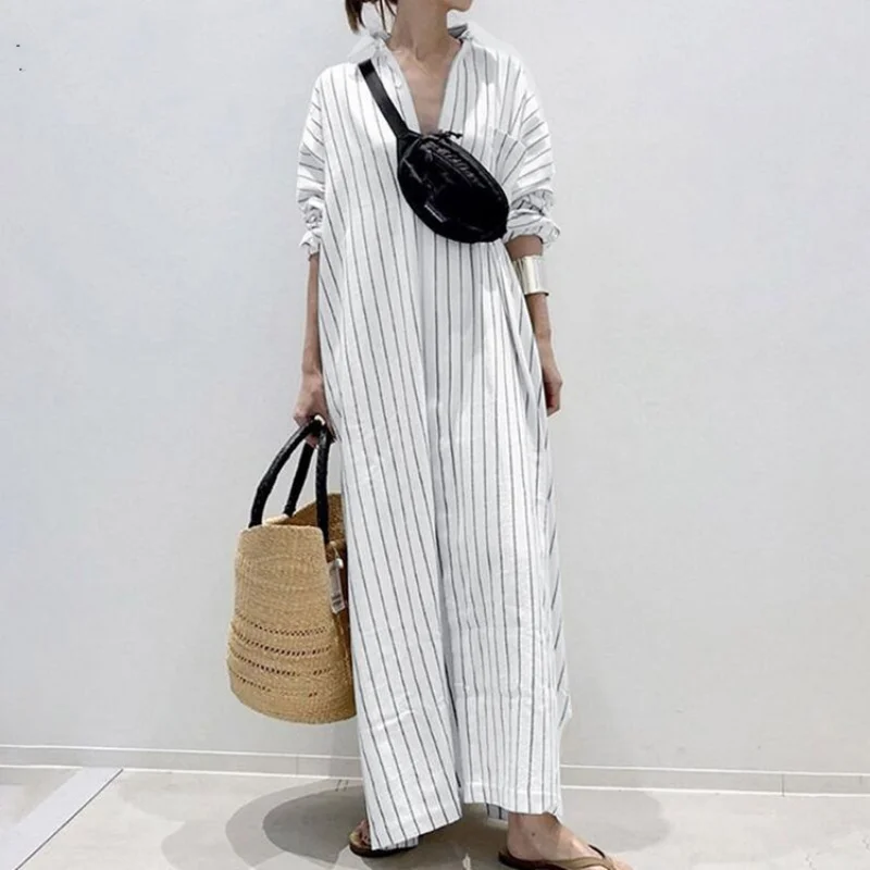 2025 NEW Eid Evening Dress Lapel Collar Temperament Abaya Femme Commuter Stripe Loose Waist Shirt Dress  Ramadan Muslim Robe