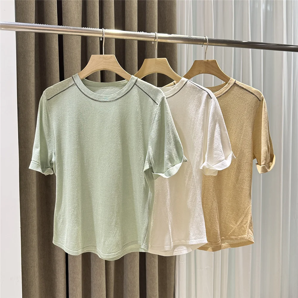 25 Summer Women Round Neck Short-Sleeved Knitted T-shirt Loose Casual Versatile Top Breathable