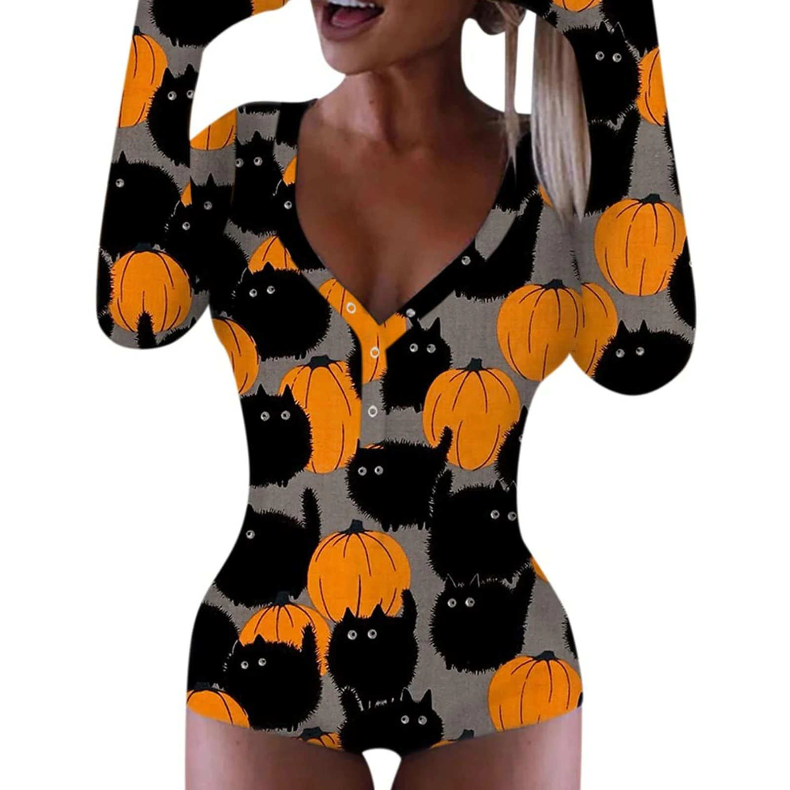 HEZIOWYUN-bodysuit feminino de Halloween, apertado, cabido, impressão de abóbora, botão baixo, gola V, manga comprida, macacão para festa, clube