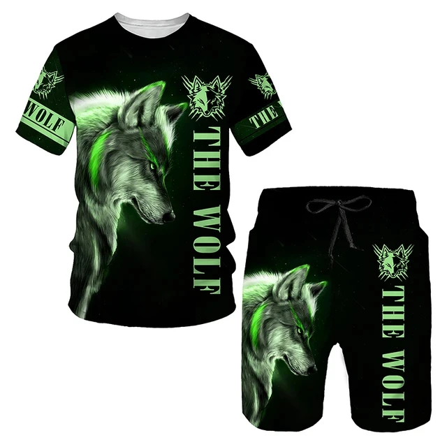 The Wolf Print Set Suit Hip Hop Harajuku 3D Sports 2 Piece Oversized Sweatshirt  O-neck Tshirt Beach Shorts Outfits man clothes