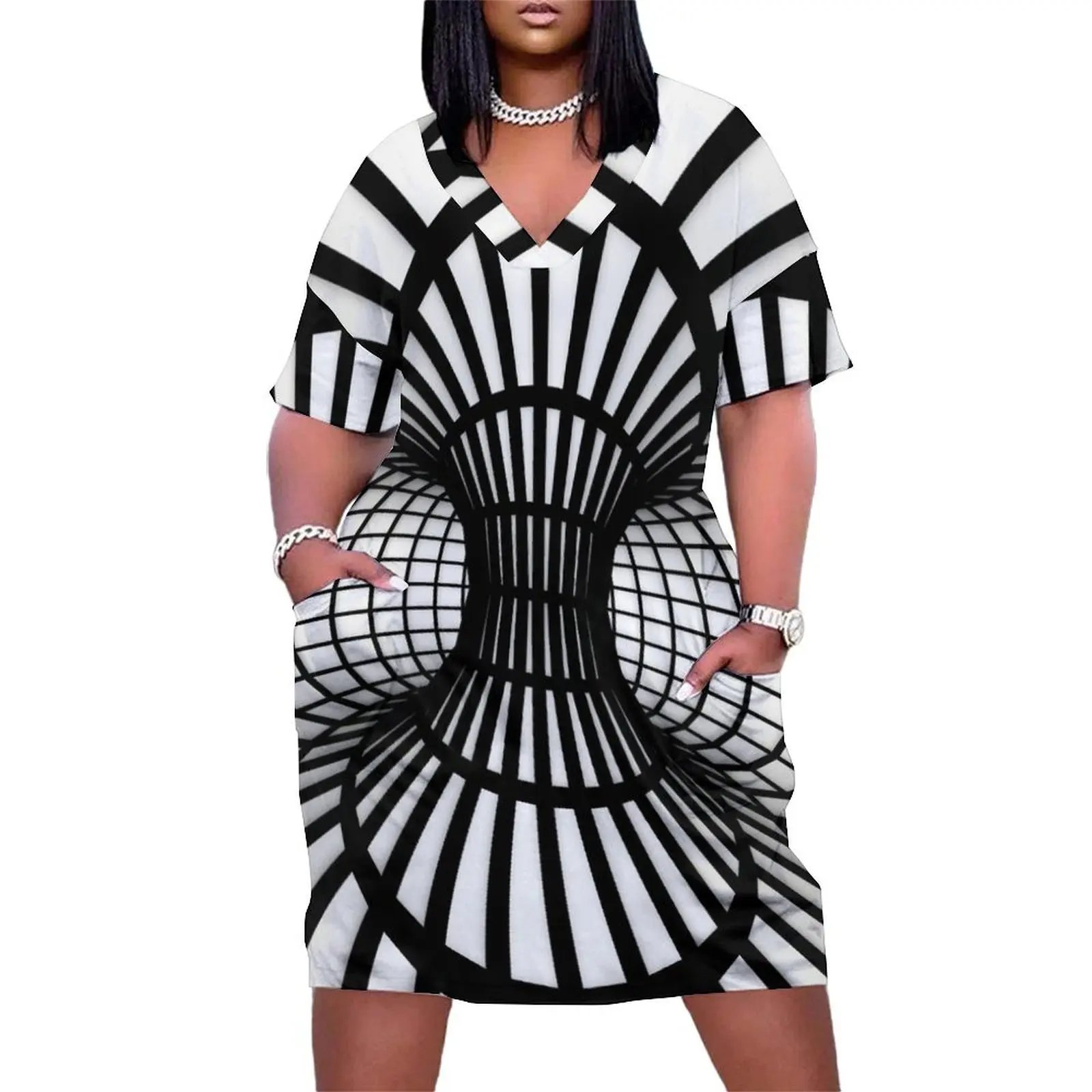 

Op Art Black and White Wireframe Tunnel Optical Illusion Loose Pocket Dress bandage dress women's summer clothing 2025