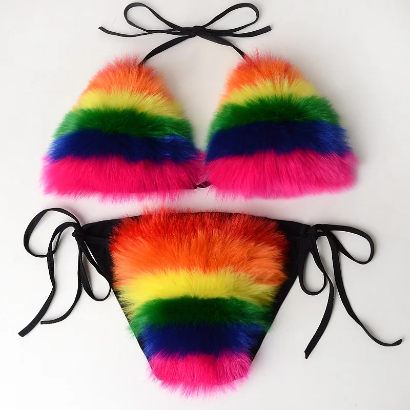 Bikini in pelliccia di peluche da donna a righe arcobaleno Set costume da bagno sportivo in pelliccia di volpe finta due pezzi costumi da bagno femminili reggiseno set di biancheria intima costumi da bagno