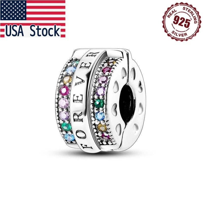 

MISEFF 925 Sterling Silver Silicone Spacer FOREVER Beads Colorful Zircon Clip Charms Beads Original Bracelet Fine DIY Jewelry