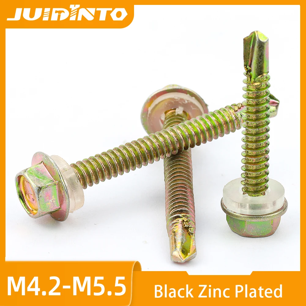 JUIDINTO External Hex Washer Head Self Drilling Screws Yellow Zinc Plated Hardiflex Sheet Metal Screws M4.2 M4.8 M5.5 8# 10# 12#