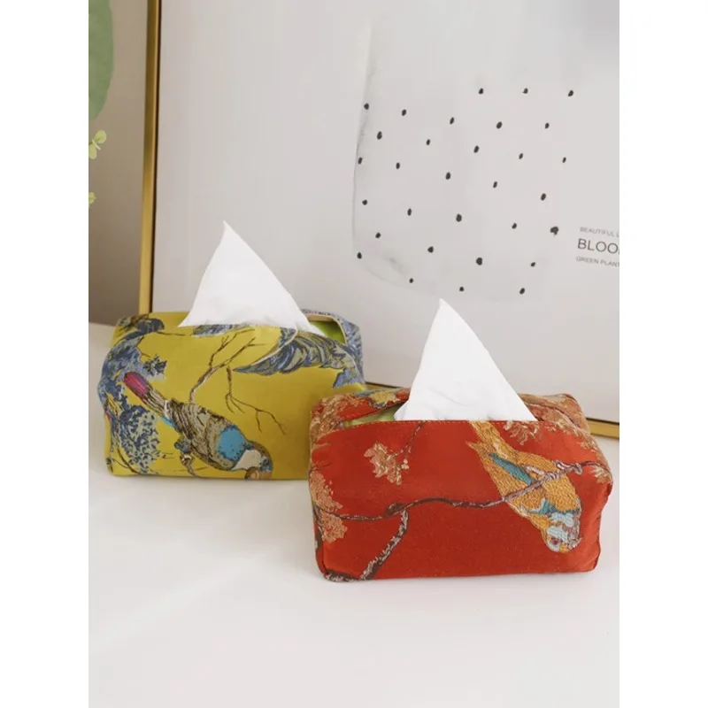 New Chinese Fabric Flower and Bird Tissue Box Household Simple Paper Towel Bag Toilet Paper Storage Coffee Table Paper Towel Box