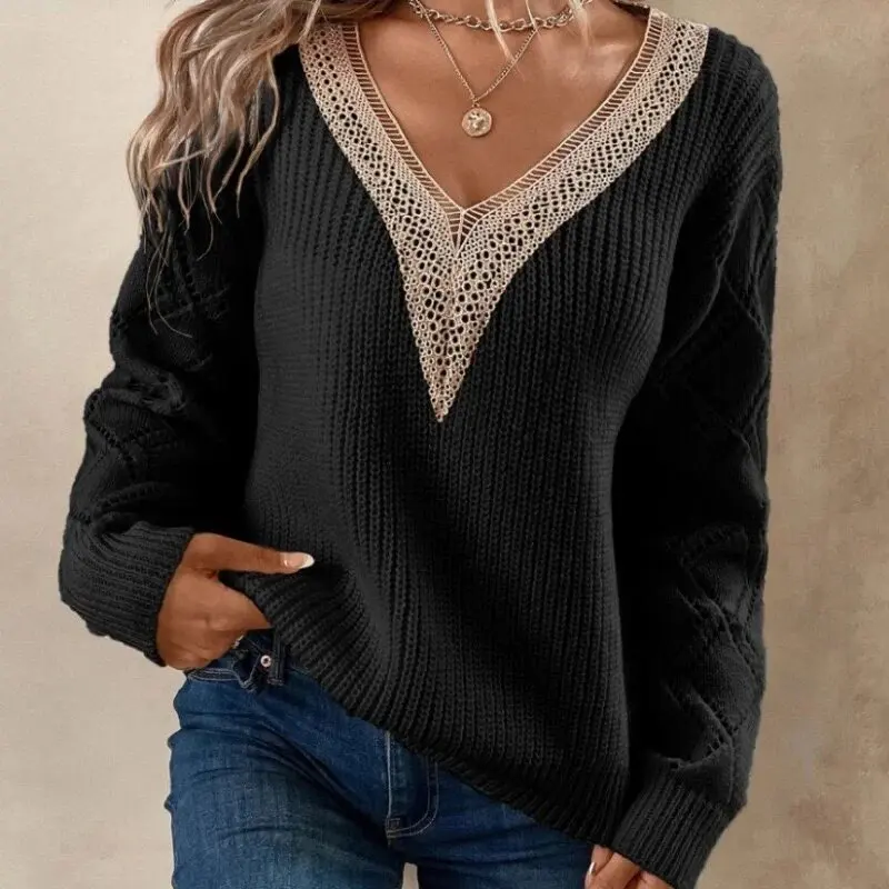 Solid V Neck Knitted Sweater, Hollow Out Long Sleeve Casual Sweater For Fall  Winter Women\'s Clothing