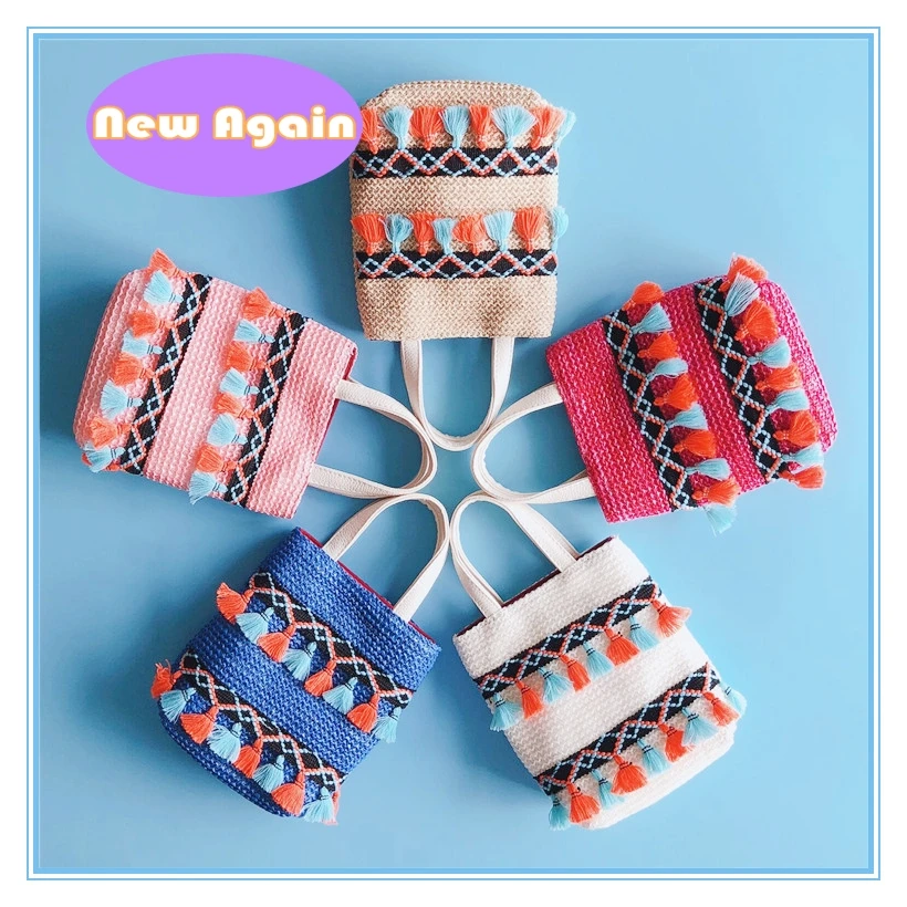 Mini bolsos bohemios de paja con borlas para niñas, monedero de playa para niños, bolsos cruzados encantadores para niños, bolso de diseñador, NAB045