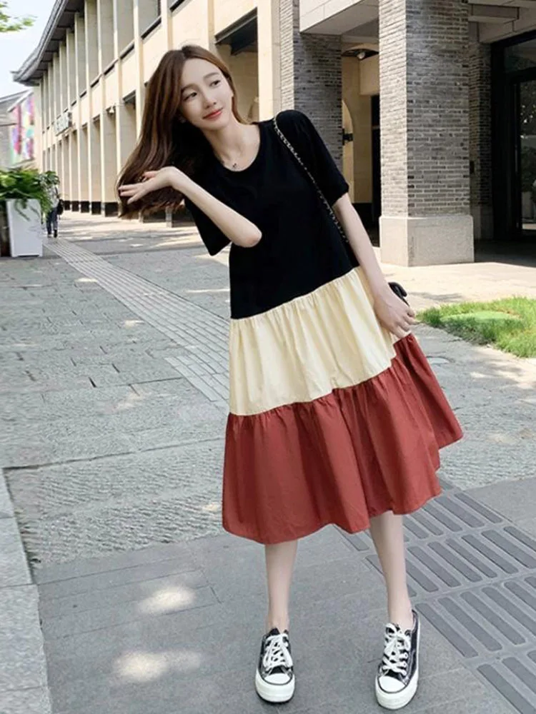 Maternity Dresses Summer Clothes For Pregnant Women Fashion Contrast Color Loose Fitting Women's Long Casual Pregnancy Clothing